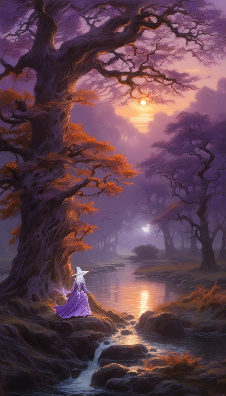 Elf Witch in a Sunset Landscape