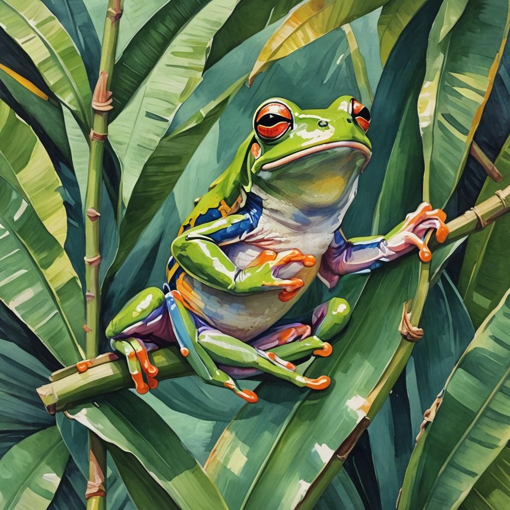 Tree Frog Swinging on Banana Leaf as Gouache Painting