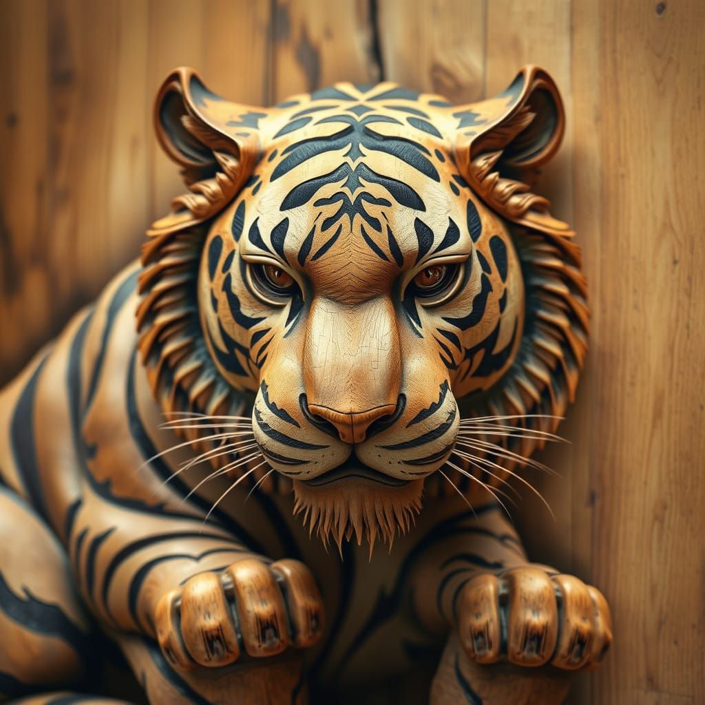 Majestic Wooden Tiger in Whimsical Folk Art Style