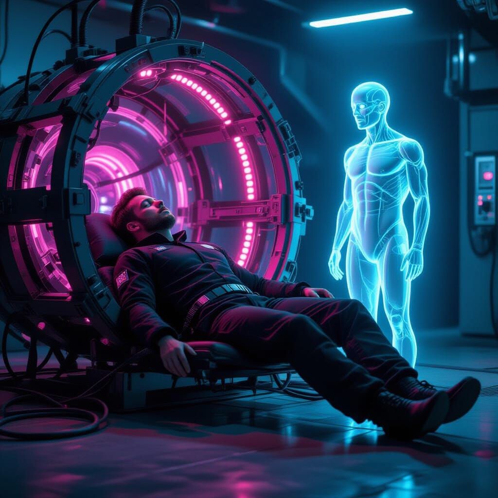 Cyberpunk Mechanical Pod with Ghostly Apparition