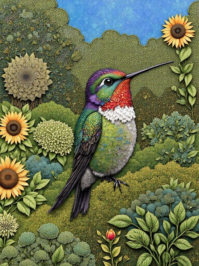 Heart Shines as a Hummingbird in Vibrant Garden with Botanic...