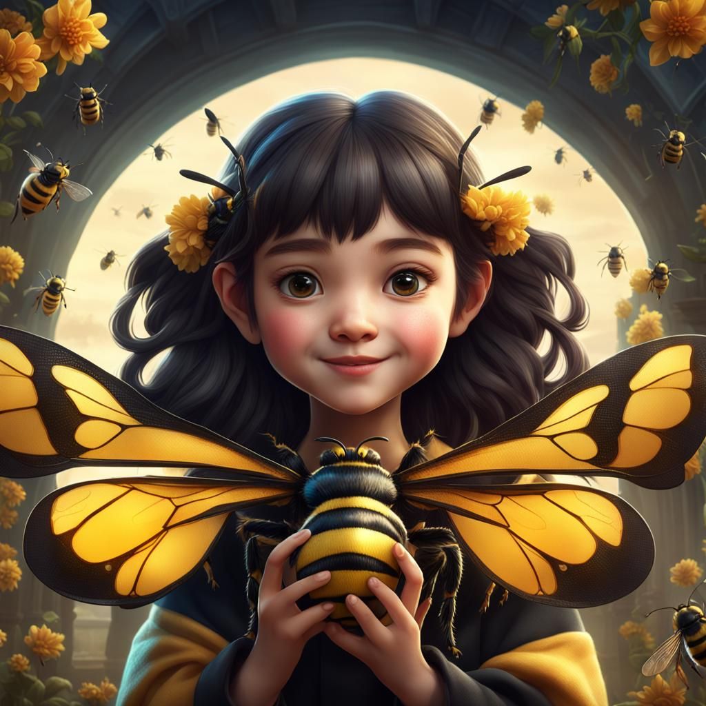 Girl Holding Bumblebee: Detailed Matte Painting