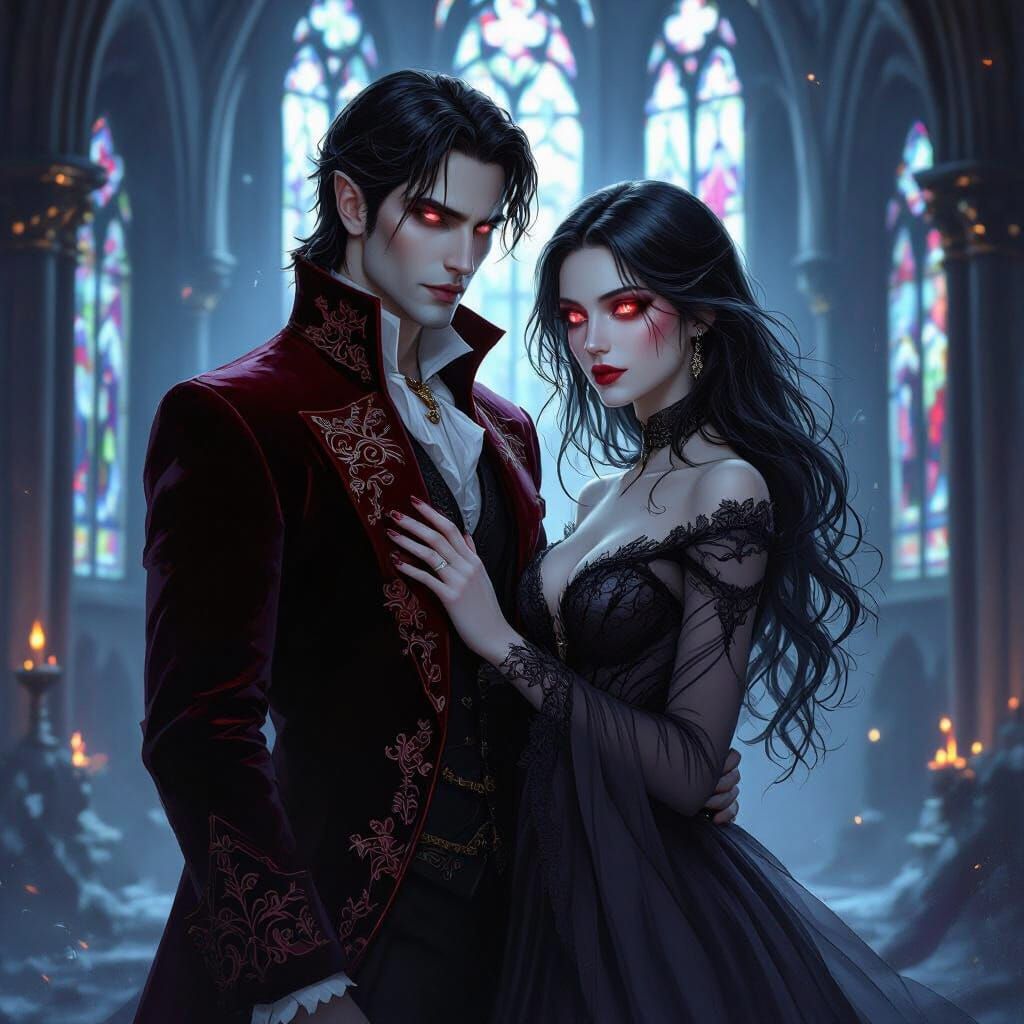 Vampire Couple in Cathedral, Painterly Style