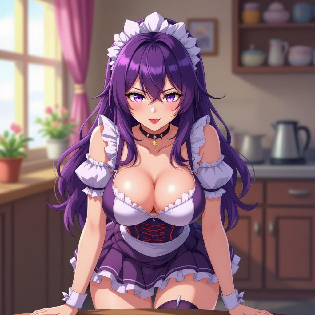 Seductive Maid with Purple Hair in Anime Style