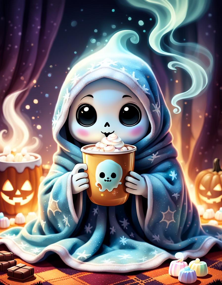 Chibi Ghost Enjoying Cocoa: A Pastel Gothic Scene