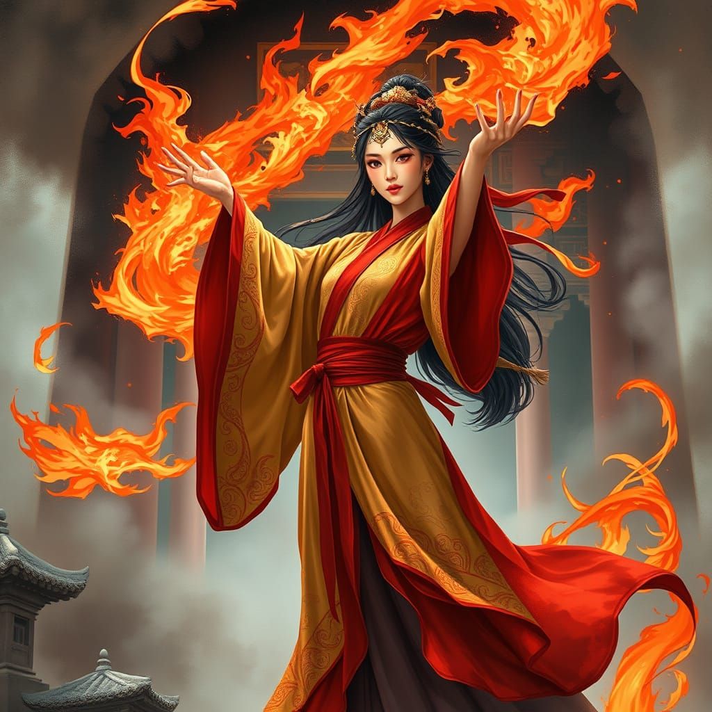 Asian Fire Sorceress in Traditional Kara Tura Attire Casting...