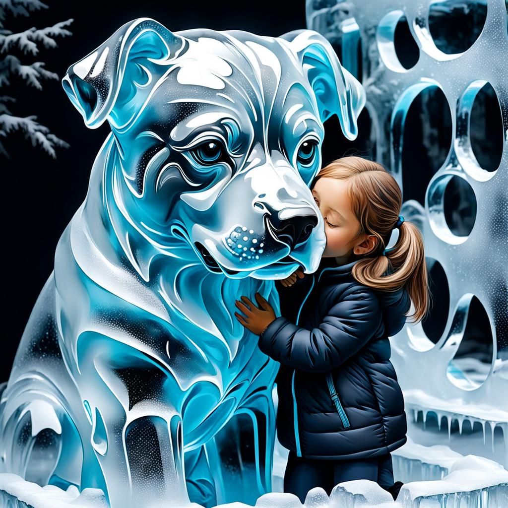 Little Girl Hugs Abstract Ice Dog Sculpture