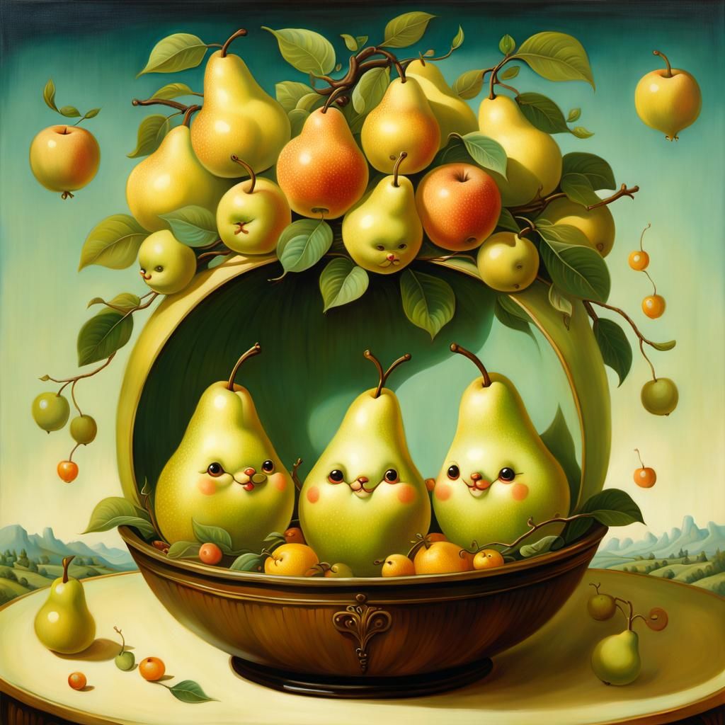 Whimsical Pear Couple in Fruit Bowl Painting