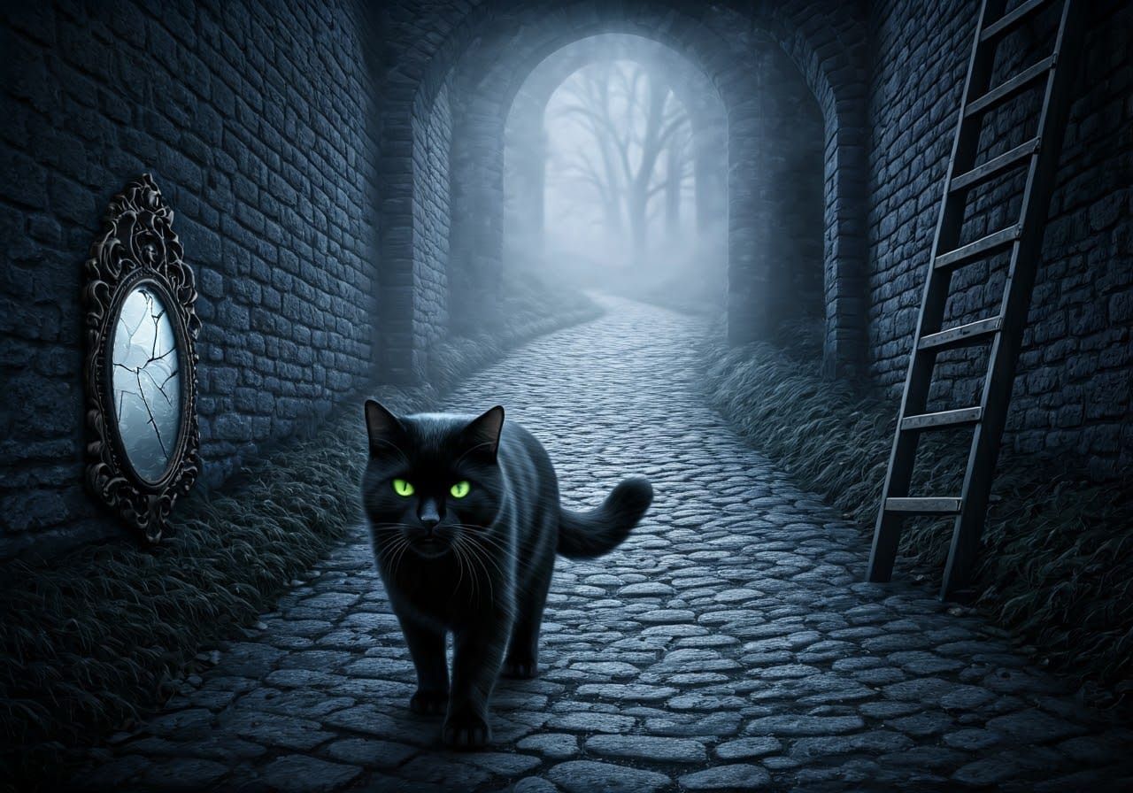 Black Cat Under Ladder in Rembrandt Lighting