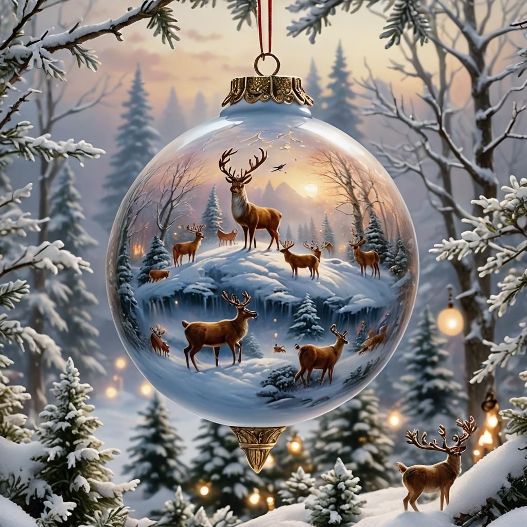 Reindeer Frolic in Snowy Christmas Ornament