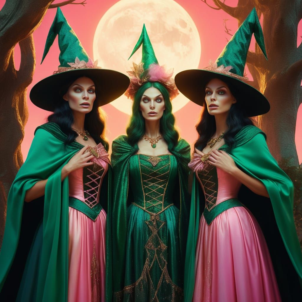 Whimsical Witches in Emerald and Pink Fabrics