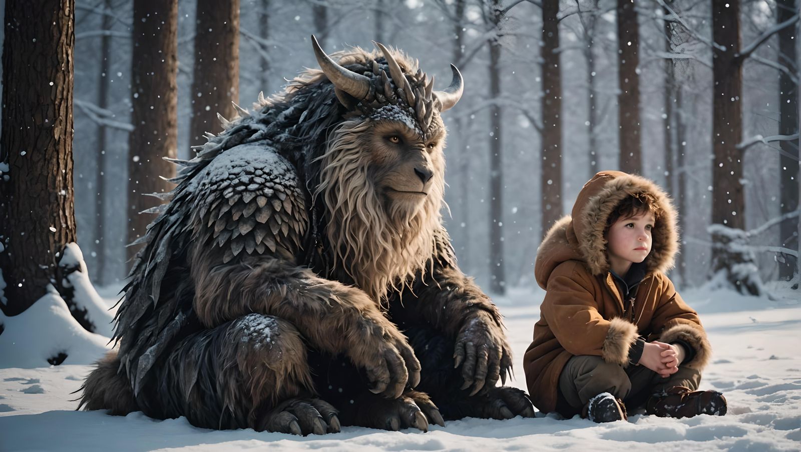 Child and Mythical Creature in Winter Wonderland
