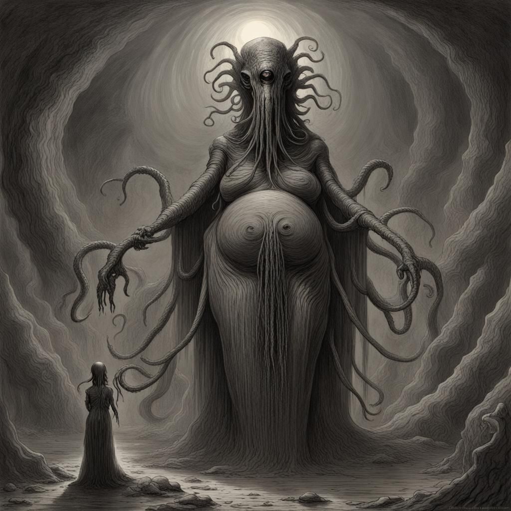 Horrific Bloated Woman with Nyarlathotep in Doré Style