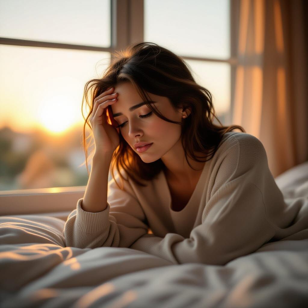 Person Reflects at Dawn Window in Golden Hour Light