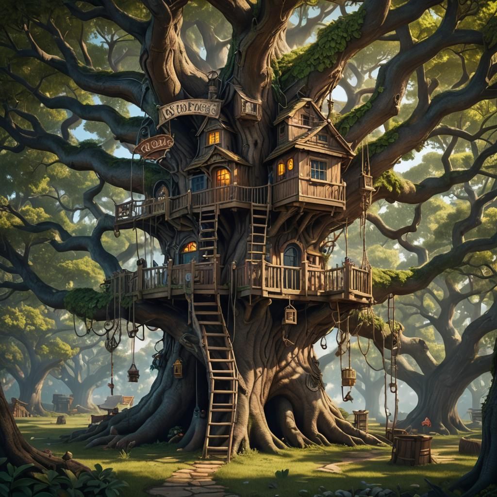 Whimsical Treehouse in Oak, Fantasy Concept Art