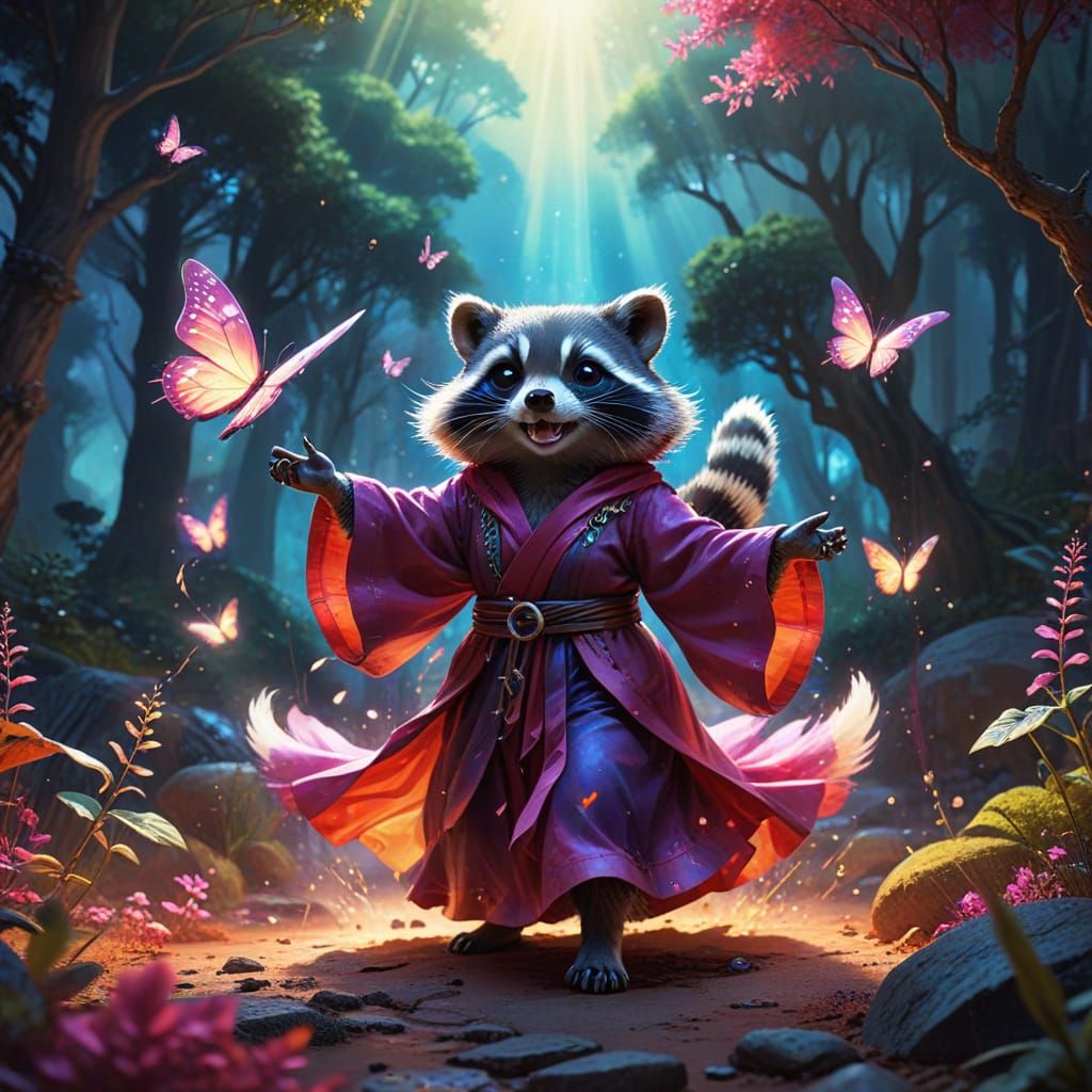 Raccoon Wizard Casting Butterfly Spell as Splash Art