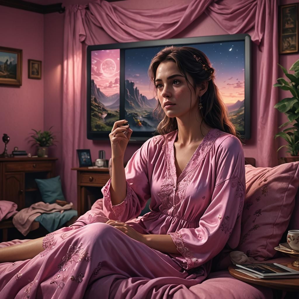 Tired Woman Watching TV: Detailed Matte Painting