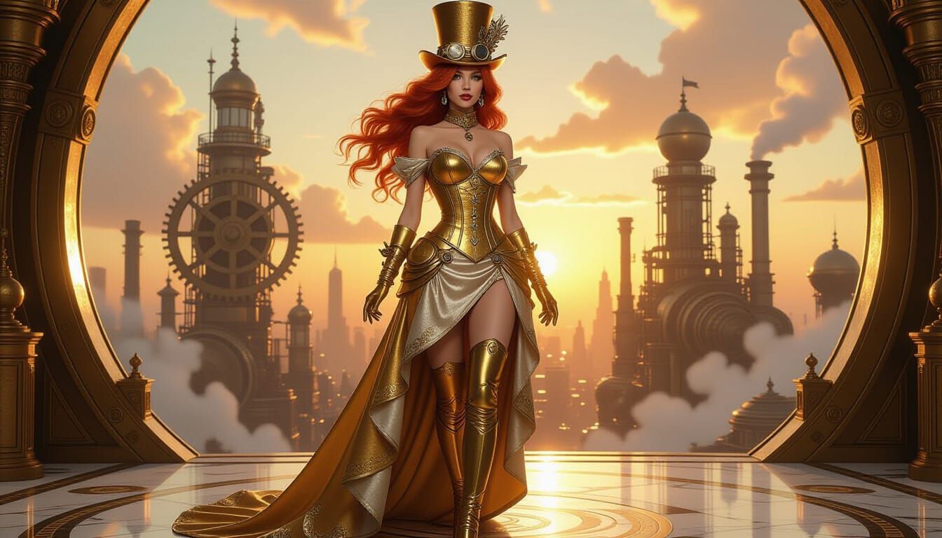 Steampunk Woman in Gold and Silver Gown with Cityscape