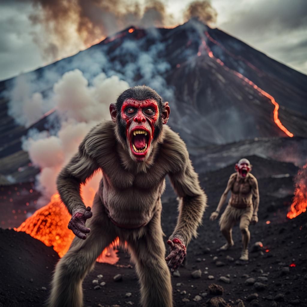 Zombie Monkey Clowns Sacrifice in Fiery Volcano
