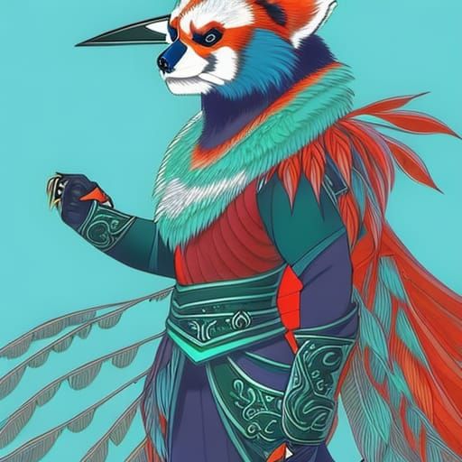 Red Panda Peacock Hybrid in Jade Armour, Anime Style