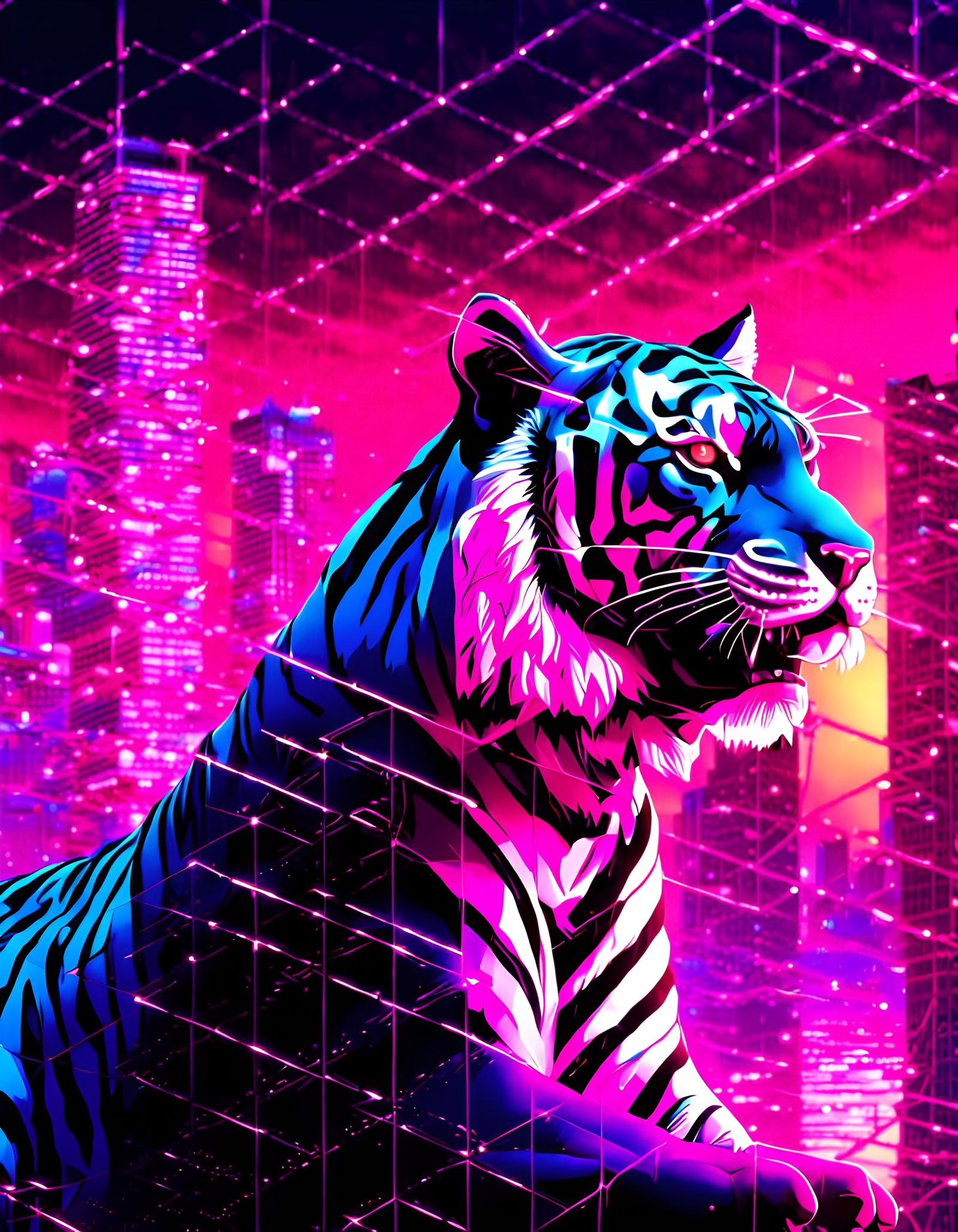 Vaporwave Tiger in Cyberpunk Cityscape