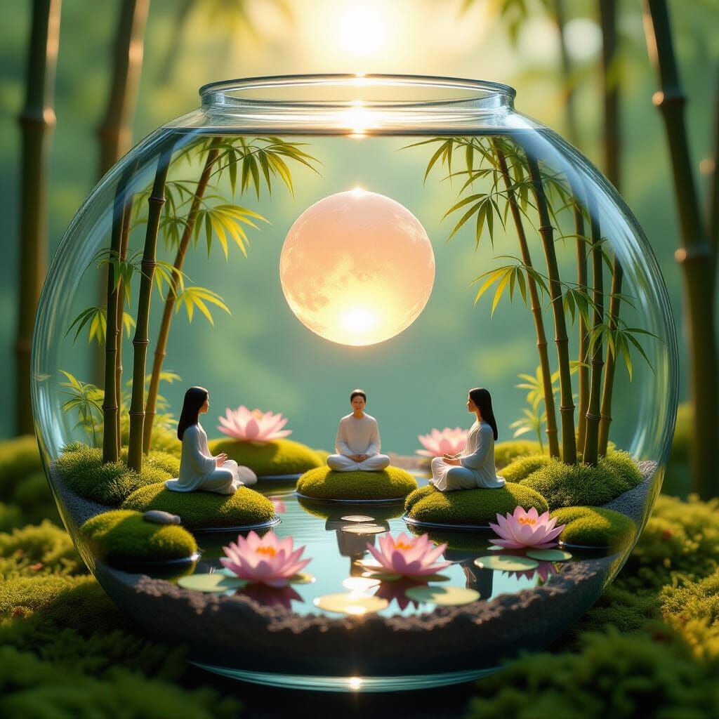 Zen Meditation Garden in Fish Tank at Sunrise