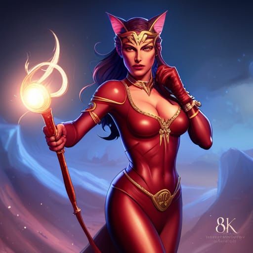 Dark Fantasy Cat Woman in Elegant, Intricately Detailed Cost...