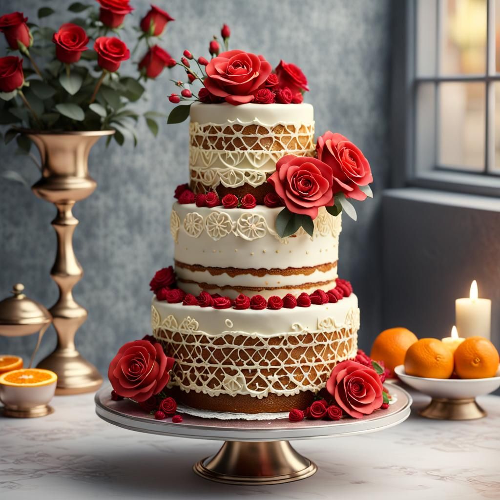 Wedding openwork 3-tier cake made of mastic cake with small red roses, red syrup, with floral decor,slices of oranges, s...