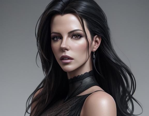 young girl, European, looks like Kate Beckinsale, tall, slim, black long hair, daring, sharp facial features, athletic, ...