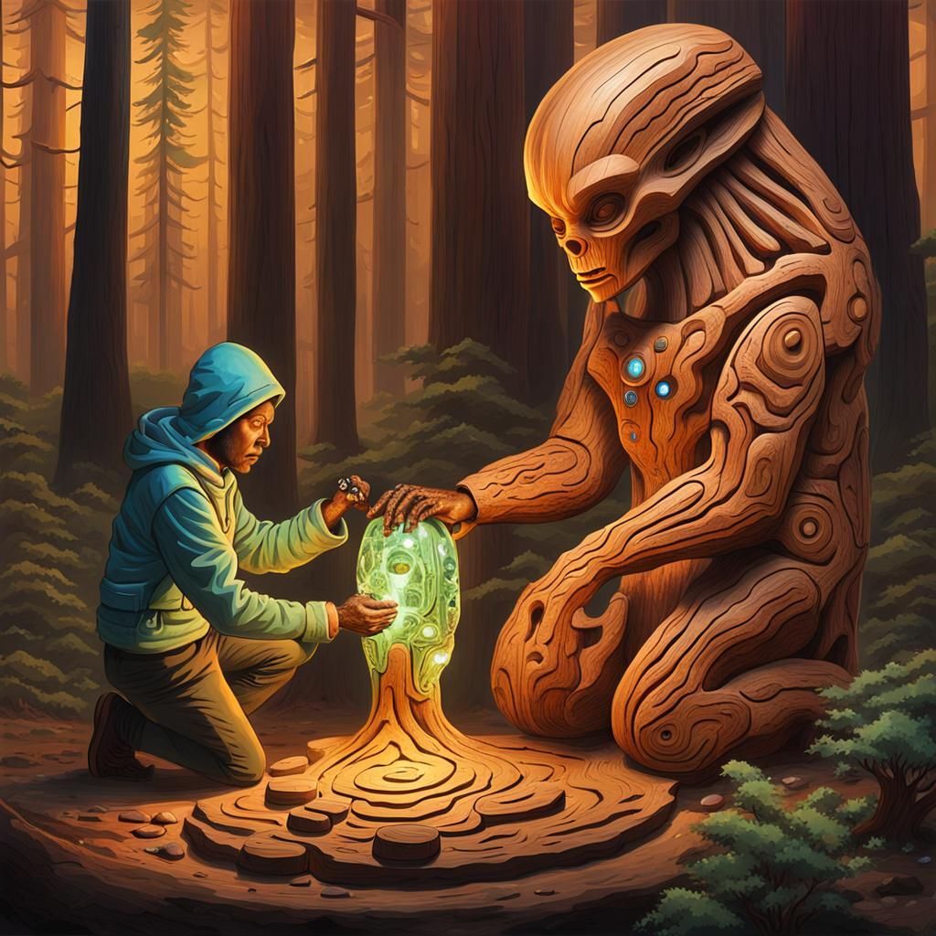 an alien wood sculptor is carving a sequoia into the shape o...