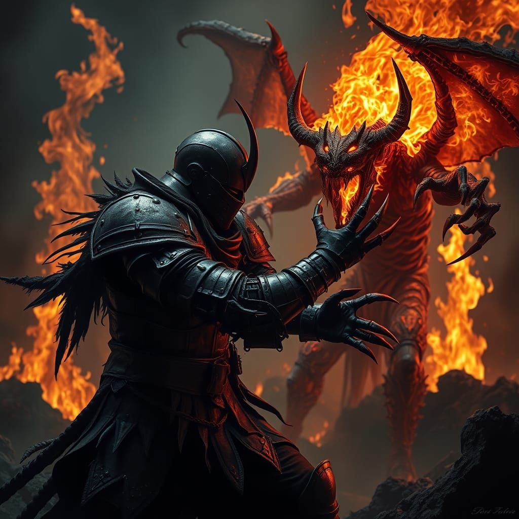 Dark Warrior Battles Demon in Hellish Landscape