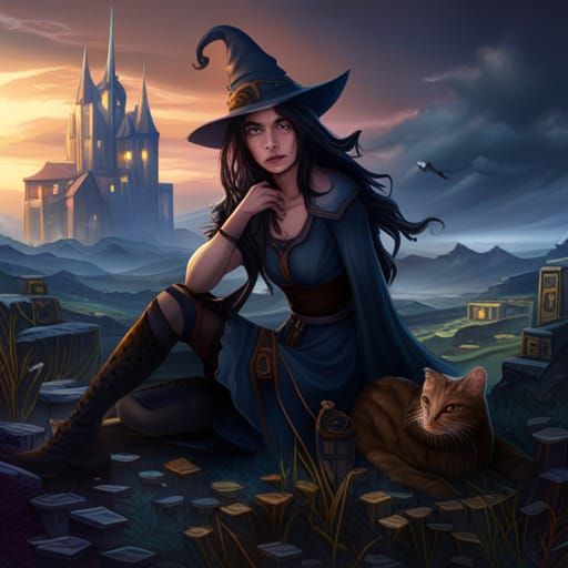 Charming Black-Haired Witch and Cat: Fantasycore Art