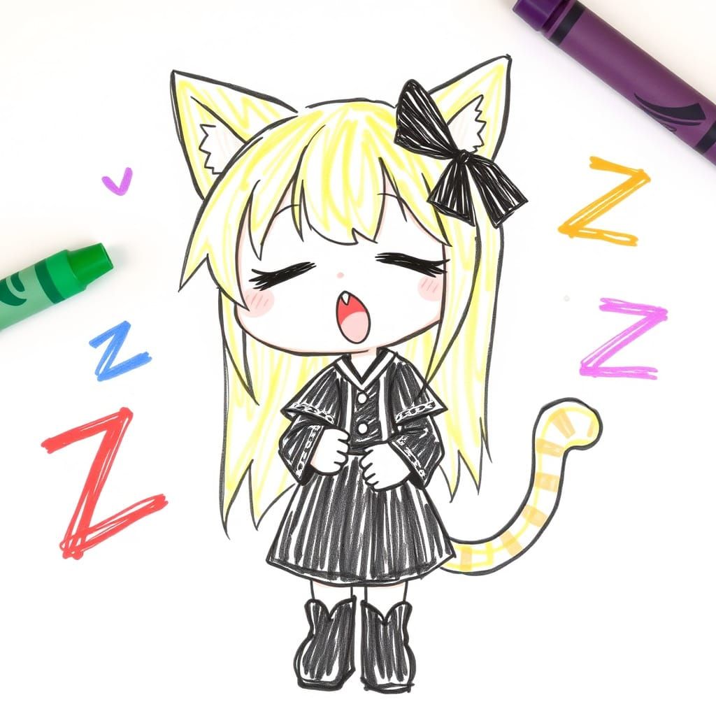 Childlike Crayon Drawing of a Sleepy Anime Catgirl