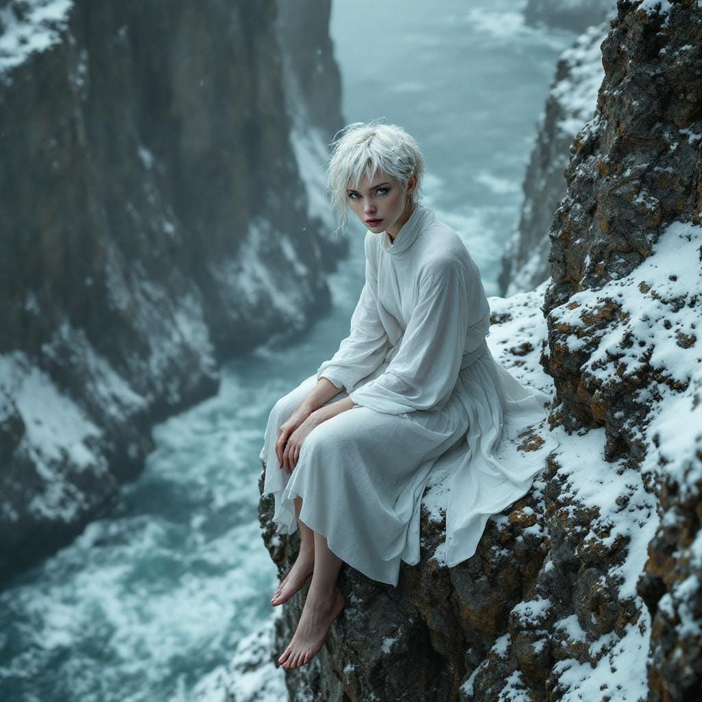 Albino Woman on Cliffs in Blizzard, Atmospheric Style