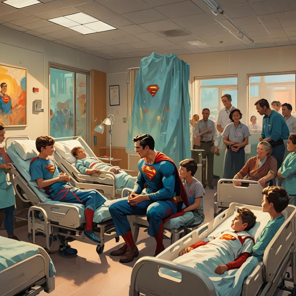 Superman Comforts Children: Digital Art in Van Gogh Style