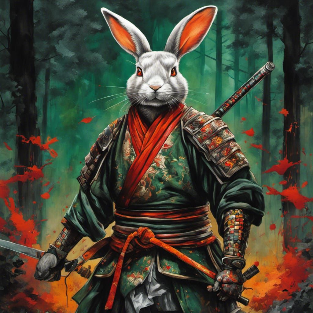 Anthropomorphic Rabbit Samurai in Graffiti Art Style