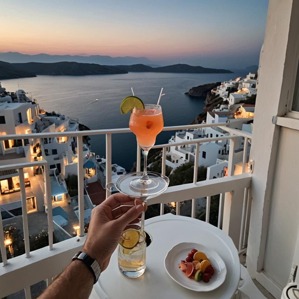 Balcony View in Greece at Evening with Cocktail