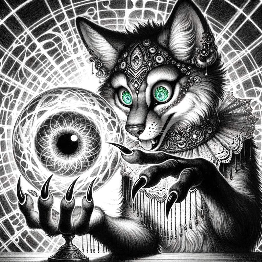 Anthropomorphic Cat in Mystical Pencil Sketch