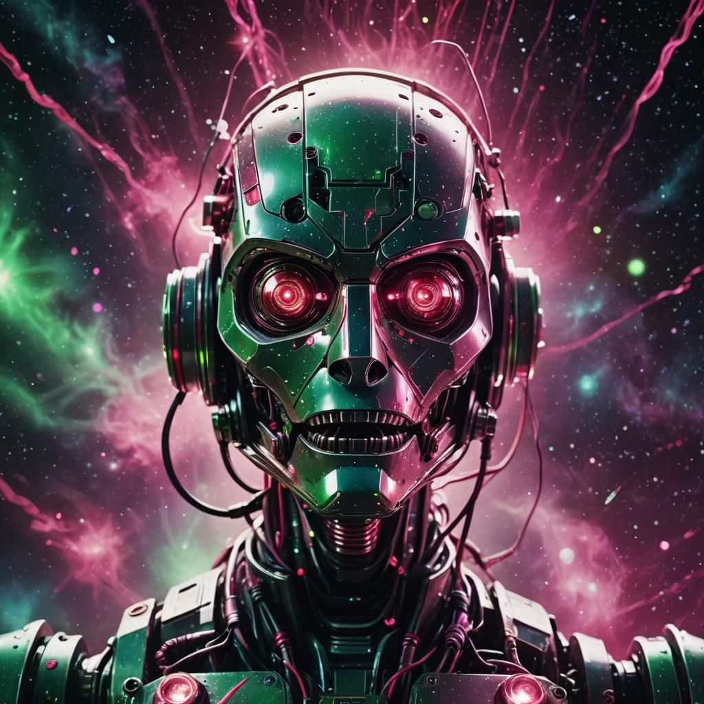 Sparking Robot Head in Space: Cinematic Still