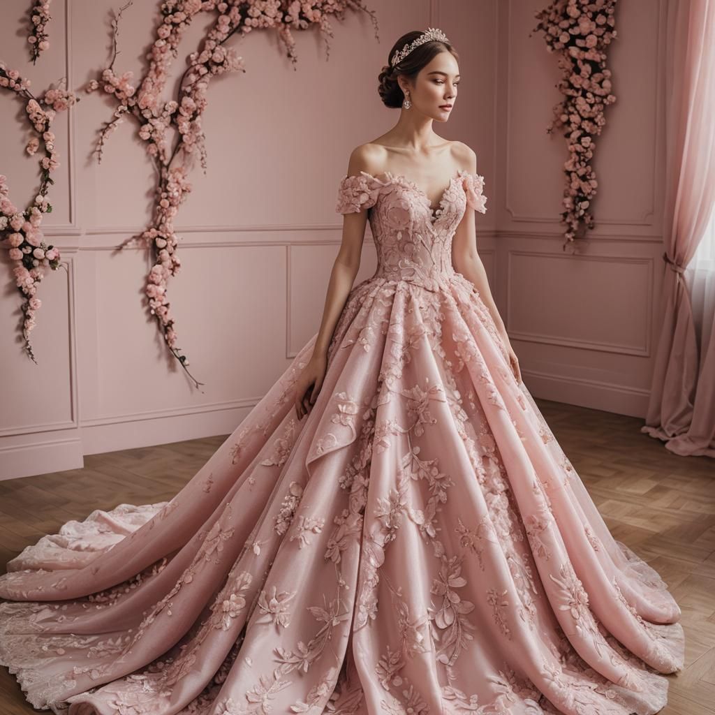 Woman in Luxurious Pink Wedding Dress