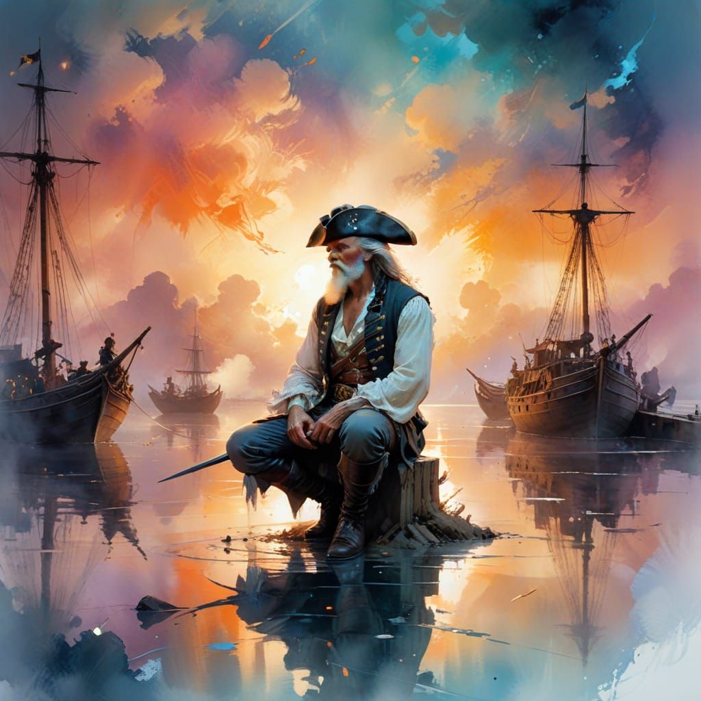 Old Pirate Captain in Dreamlike Watercolor Art