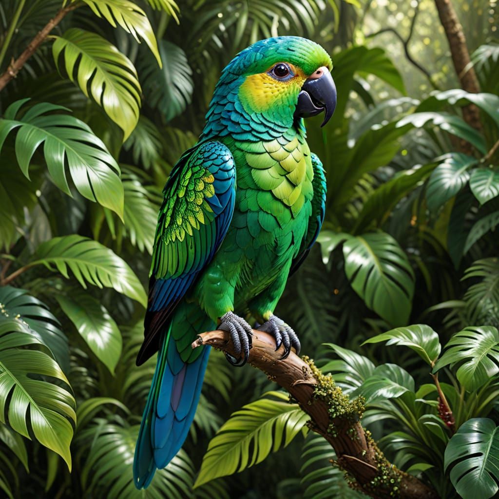 Gemstone Parrot in Jungle, Hyperrealistic Serigraphy