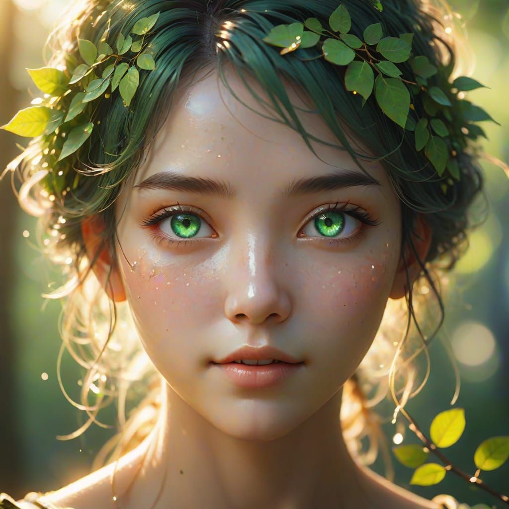 3D Anime Portrait of Forest Woman with Emerald Eyes