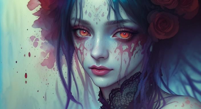 Ink Portrait of a Woman with Red Eyes