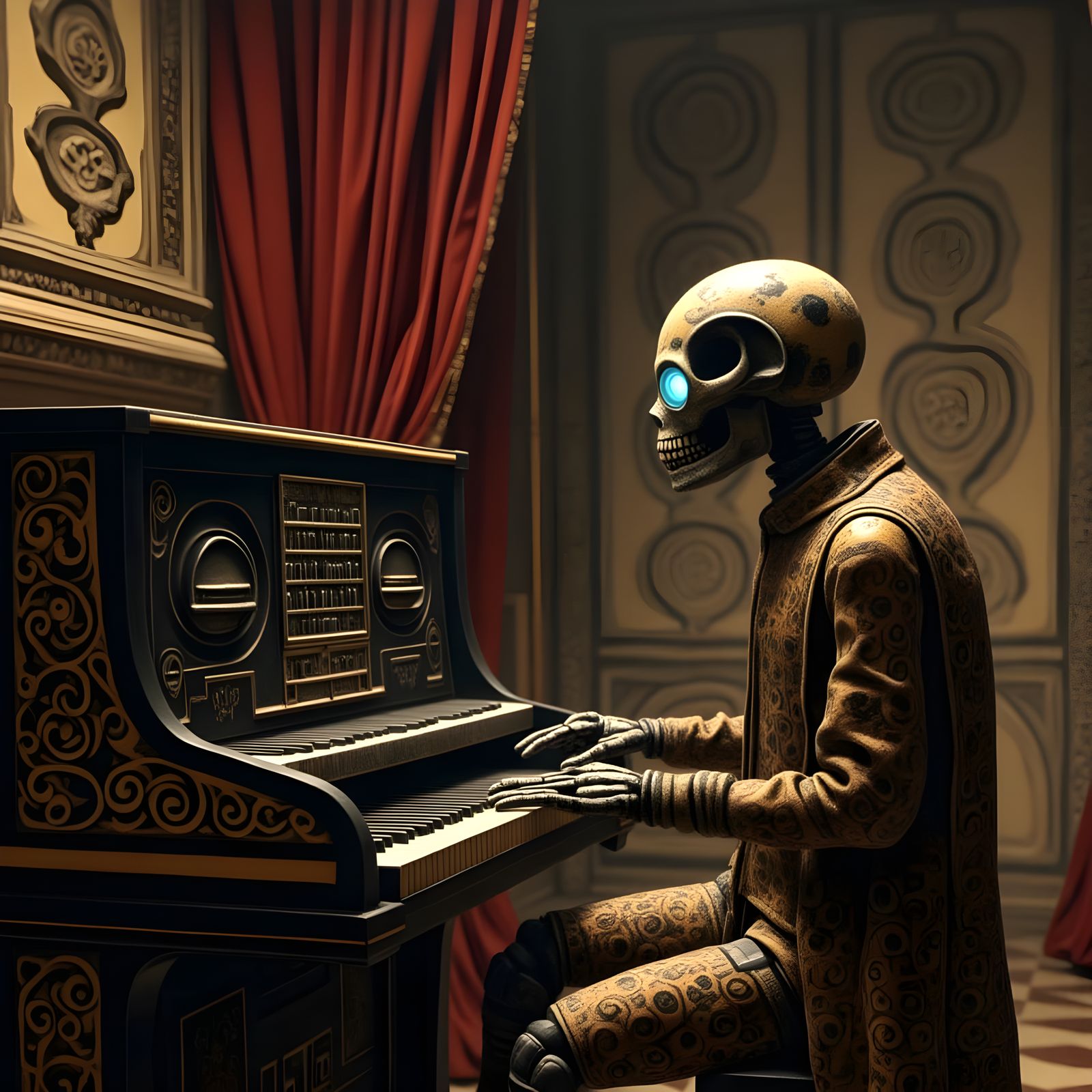 Surreal Harpsichord Performance in Abandoned Opera House