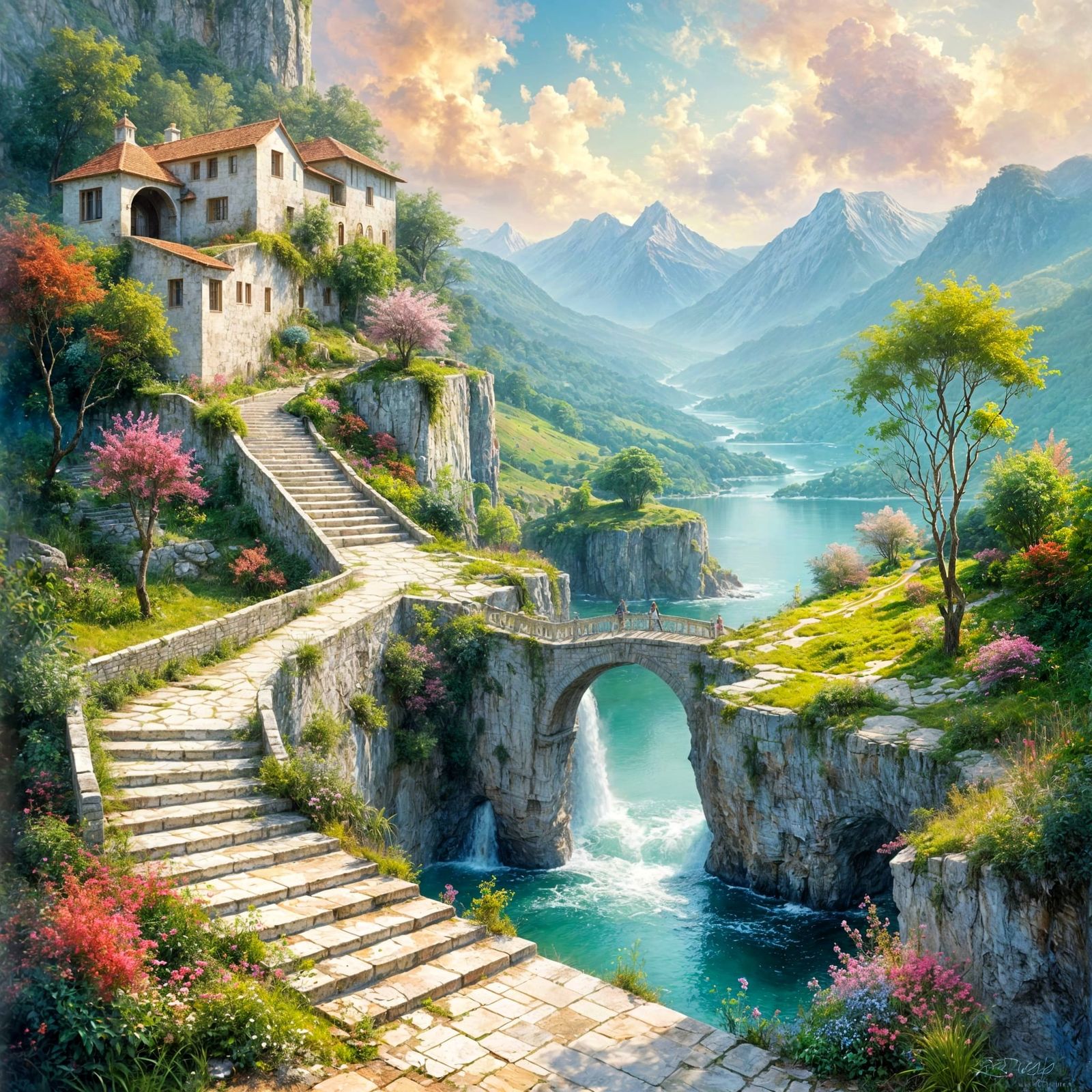 Photorealistic Dreamscape with Waterfall and Monet-Style Bri...