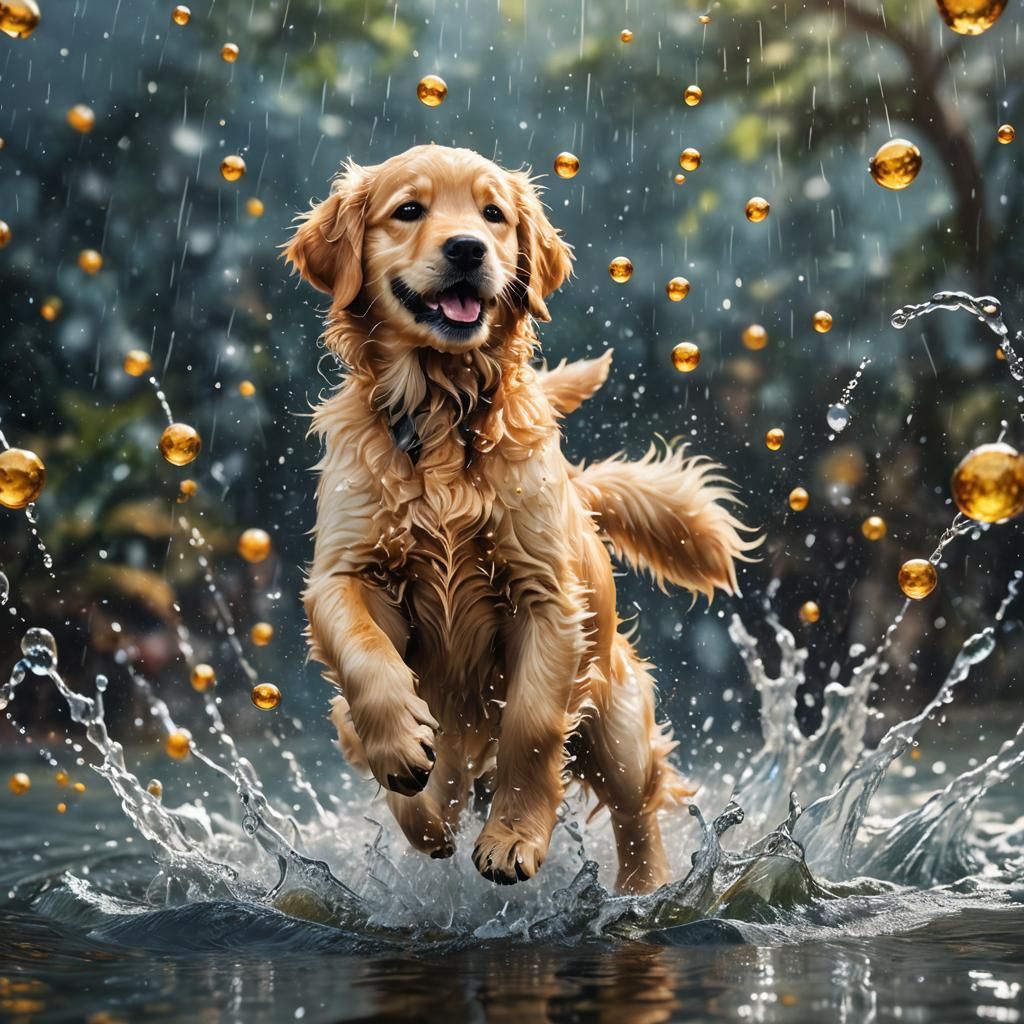 Golden Retriever Puppy Splashing in Water: Oil Painting