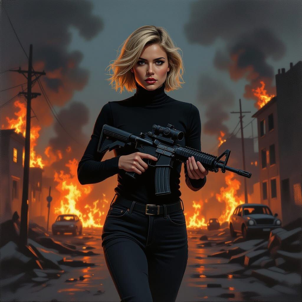 Woman with M4A1 Runs Through Burning Cityscape in Expression...