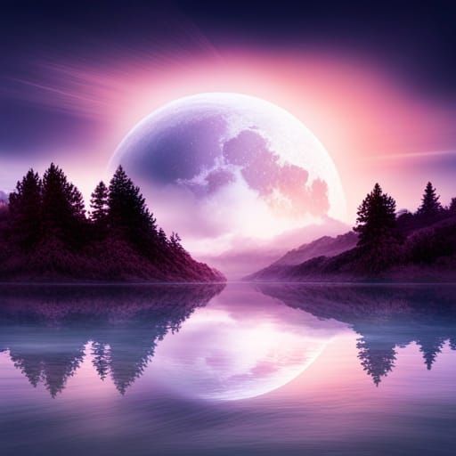 A lake with a full moon in the sky.