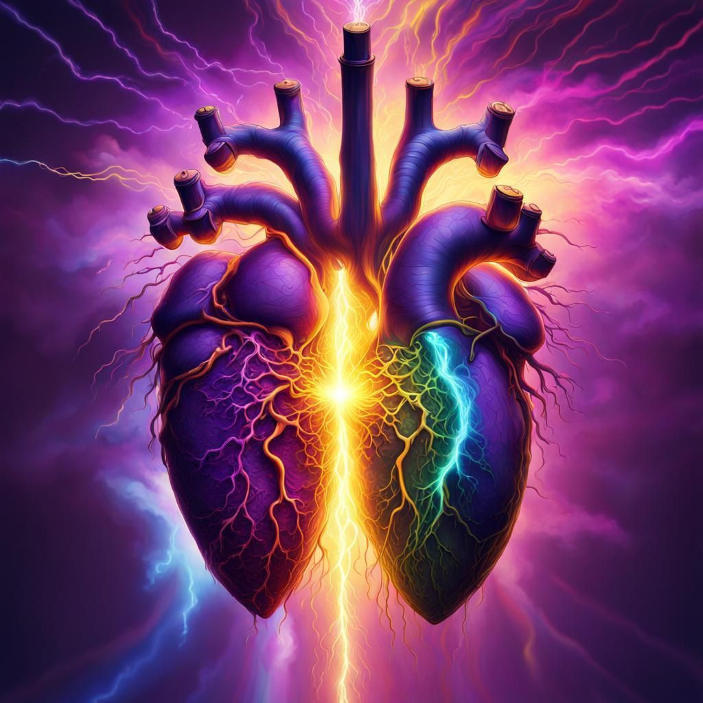 Hallucinatory Heart with Rainbow Lightning, Dark Fantasy Art